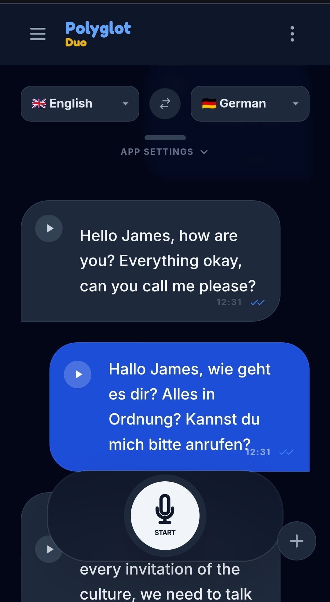 PolyglotDuo App - Echtzeit-Übersetzung Deutsch zu Englisch