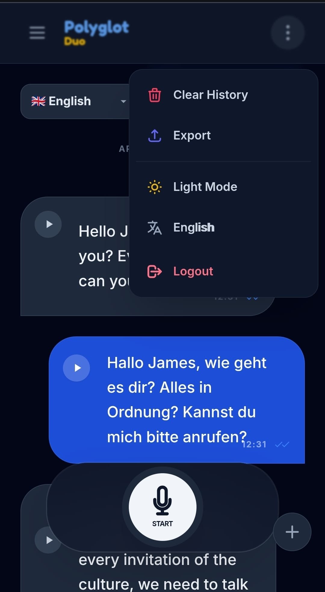 PolyglotDuo Menü - Export, Light Mode